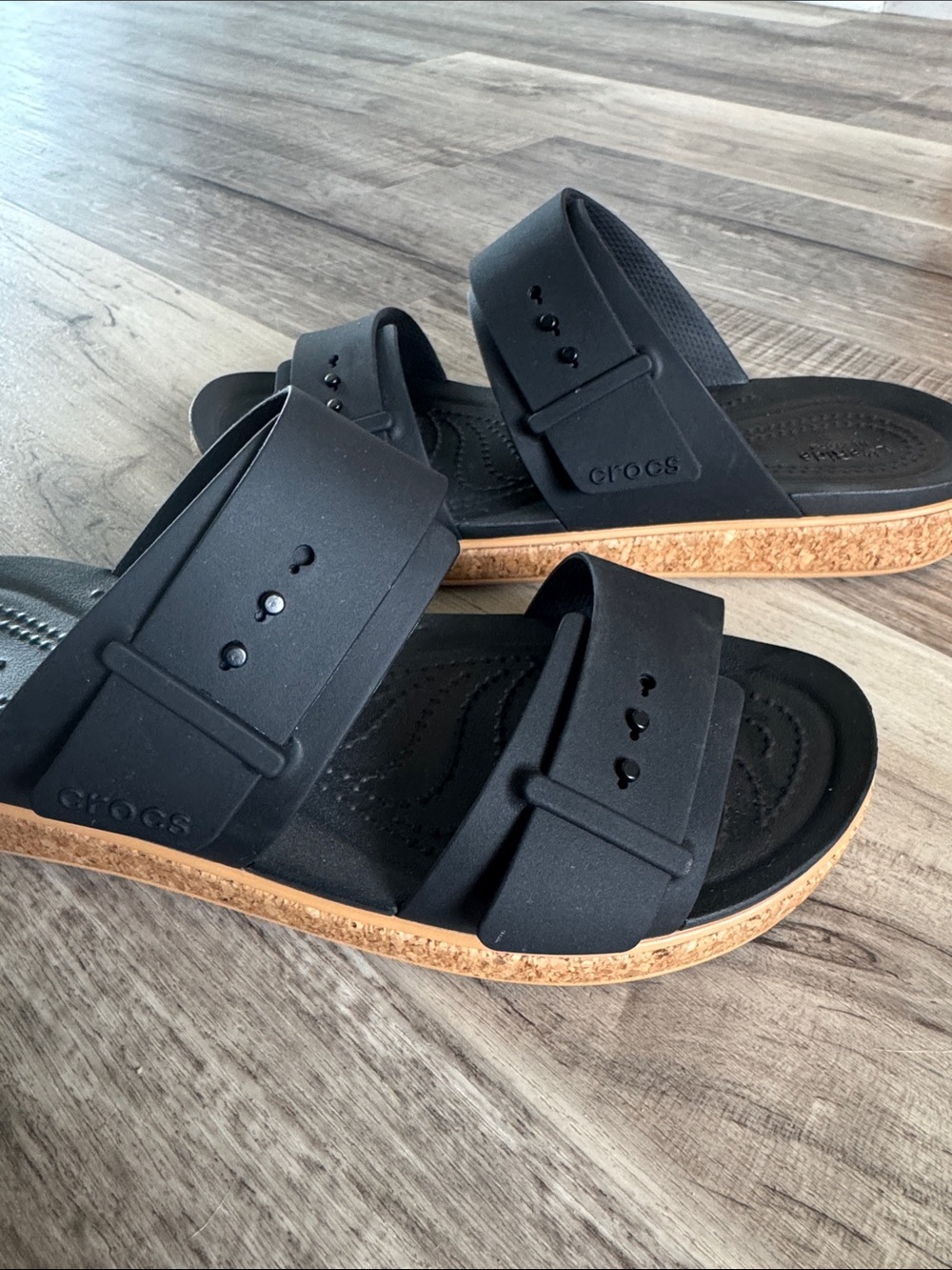 CROCS Black Double-Strap Slide Sandals with Cork-Look Sole - Picture 3 of 6